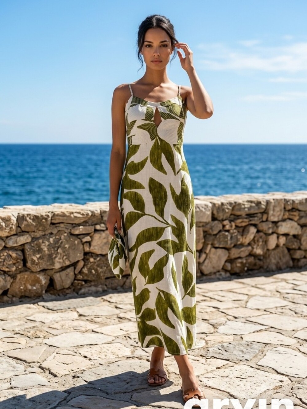 Antonio Melani Midi Women's Dress Size 12 White Green Leaf Print Linen Blend